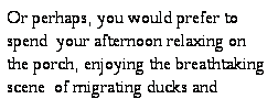 Text Box: Or perhaps, you would prefer to spend  your afternoon relaxing on the porch, enjoying the breathtaking scene  of migrating ducks and geese.. 
