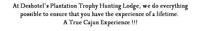 Text Box: At Deshotels Plantation Trophy Hunting Lodge, we do everything possible to ensure that you have the experience of a lifetime.  
A True Cajun Experience !!!
 
 
